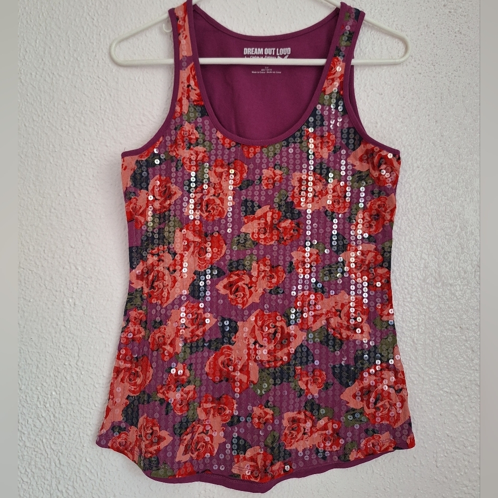 SELENA GOMEZ VINTAGE   Sequin Floral Tank Top - Purple and Red